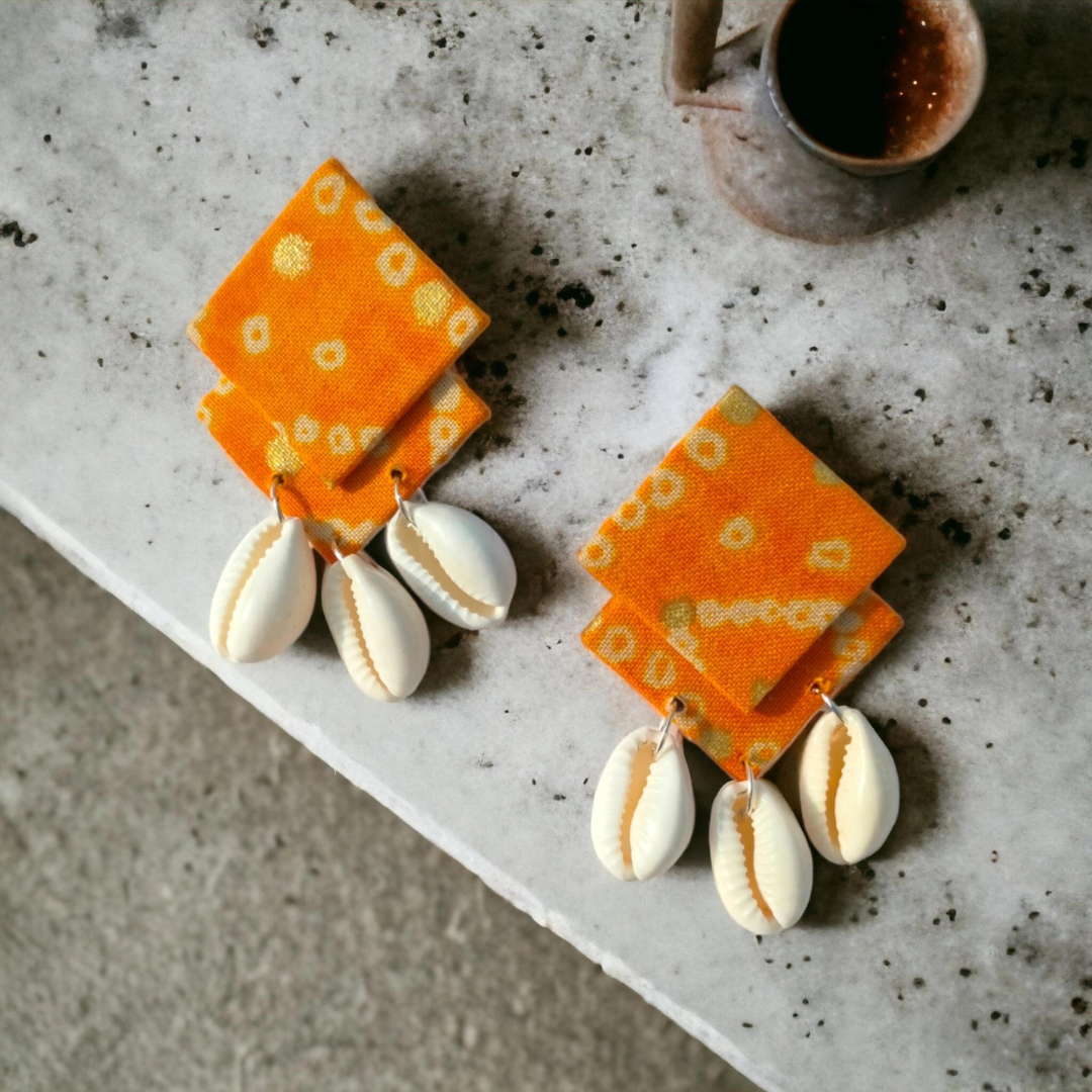 Yellow Bandhani Shell Earrings
