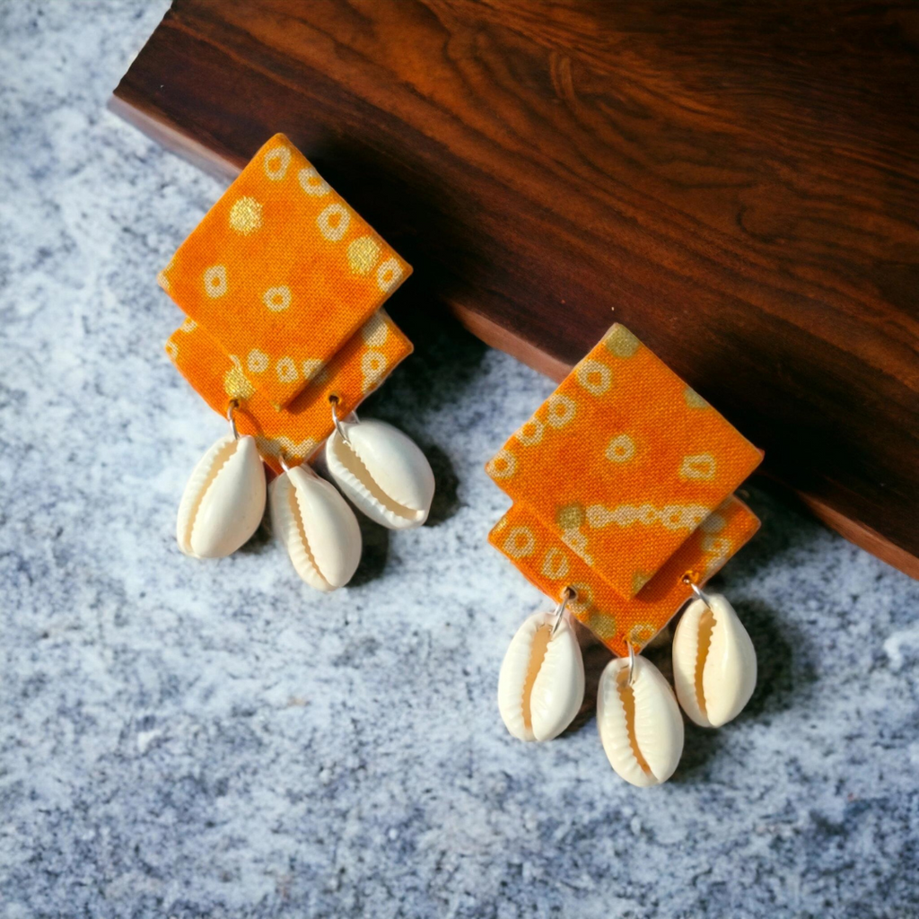 Yellow Bandhani Shell Earrings