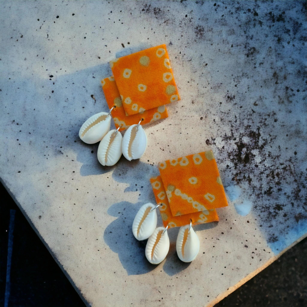 Yellow Bandhani Shell Earrings