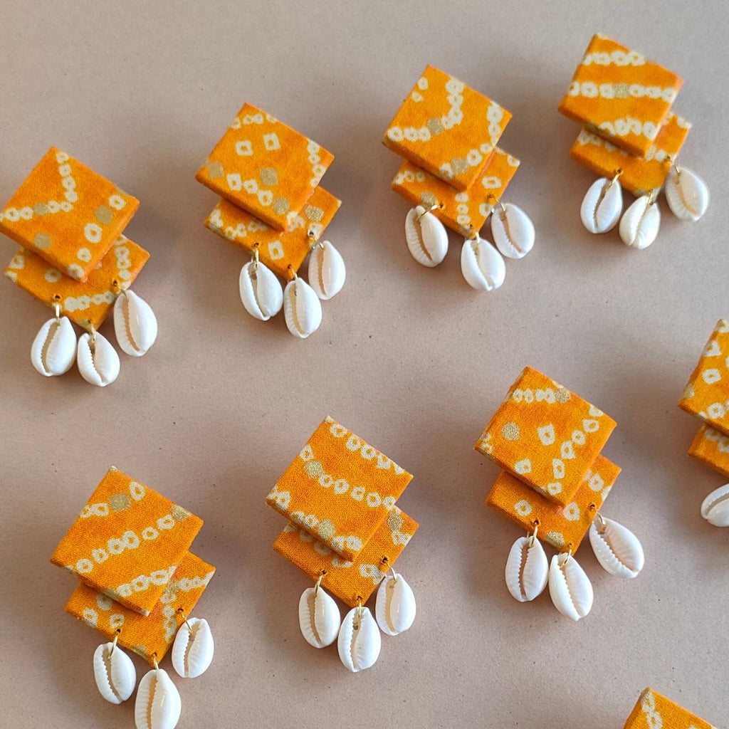 Yellow Bandhani Shell Earrings