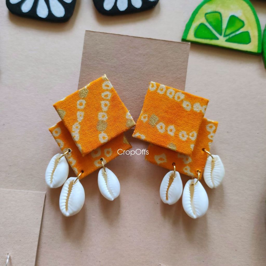 Yellow Bandhani Shell Earrings