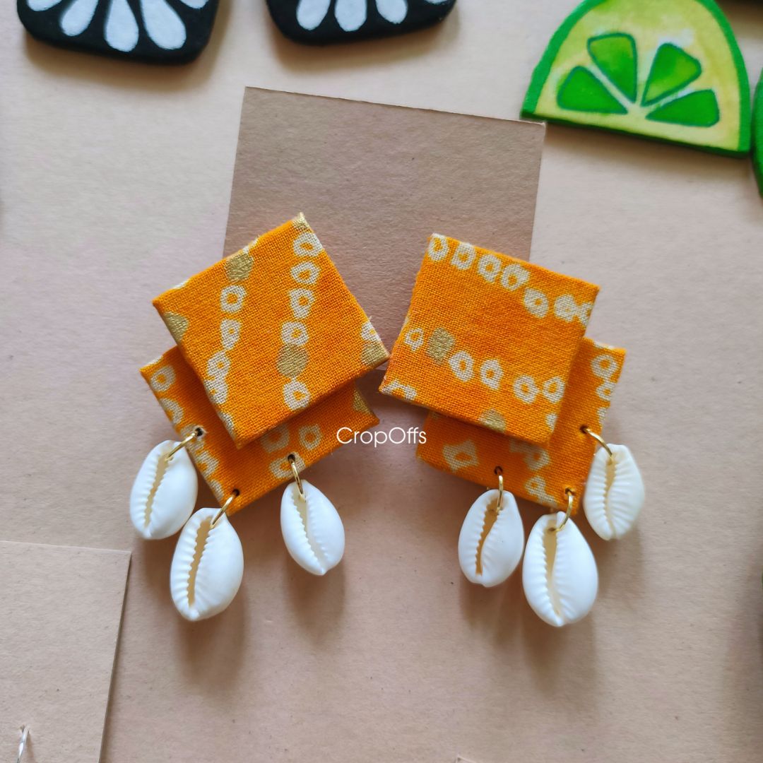 Yellow Bandhani Shell Earrings